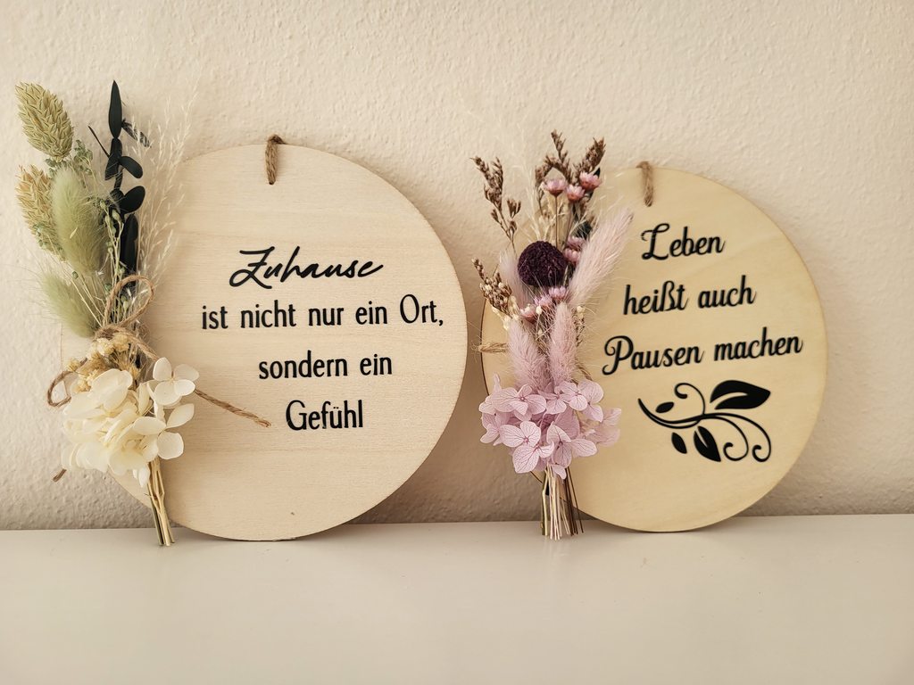 Holzschild-Trockenblumen-Spruch-Dekoration